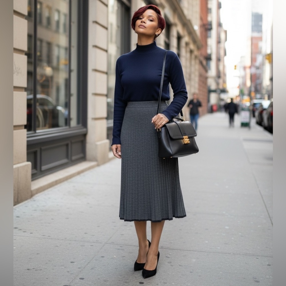 Navy Turtleneck Ellen Tracy Paired with a Ellen Tracy Gray Pleated Skirt c close - Picture 3 of 12